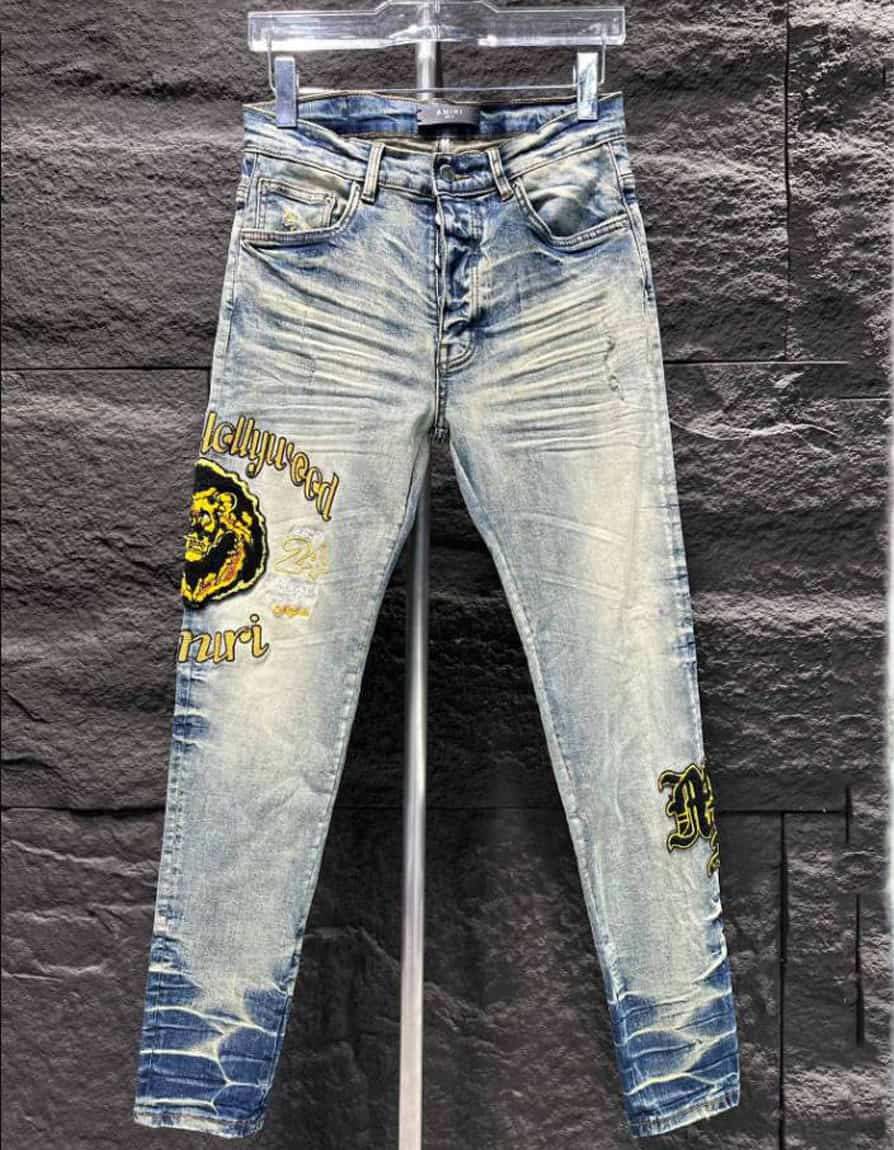 Amiri Ripp White Yellow Logo Jeans – AMIJ010