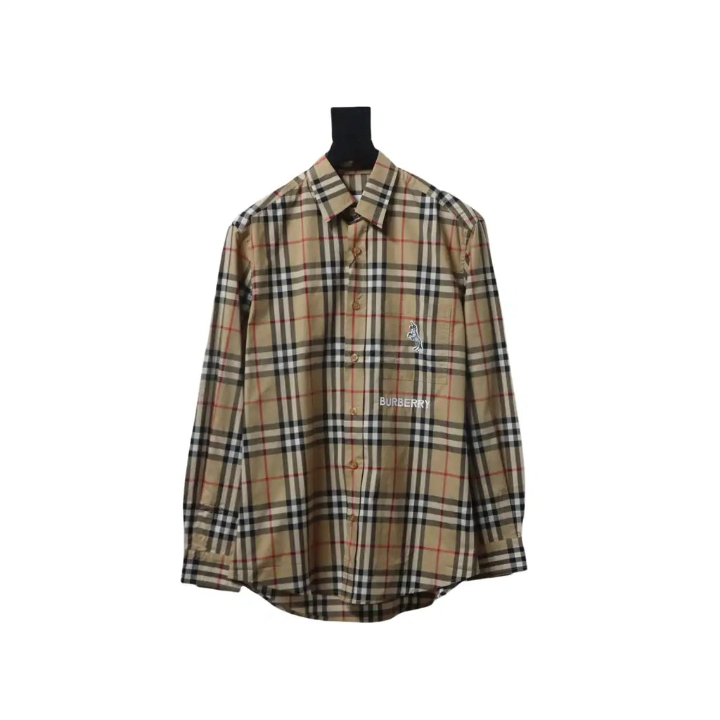 Burberry Classic Fit Zebra Appliqué Check Cotton Long Sleeve Shirt Beige – BRS037