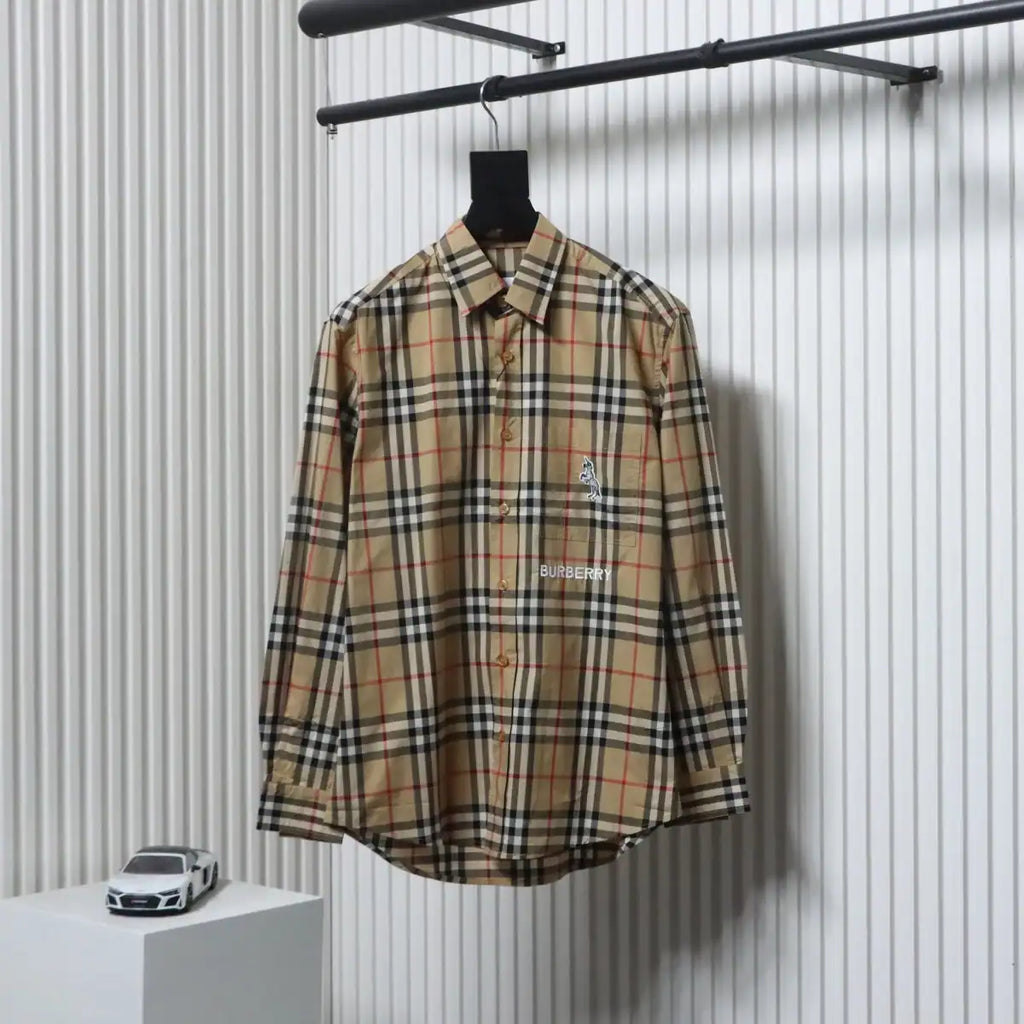 Burberry Classic Fit Zebra Appliqué Check Cotton Long Sleeve Shirt Beige – BRS037