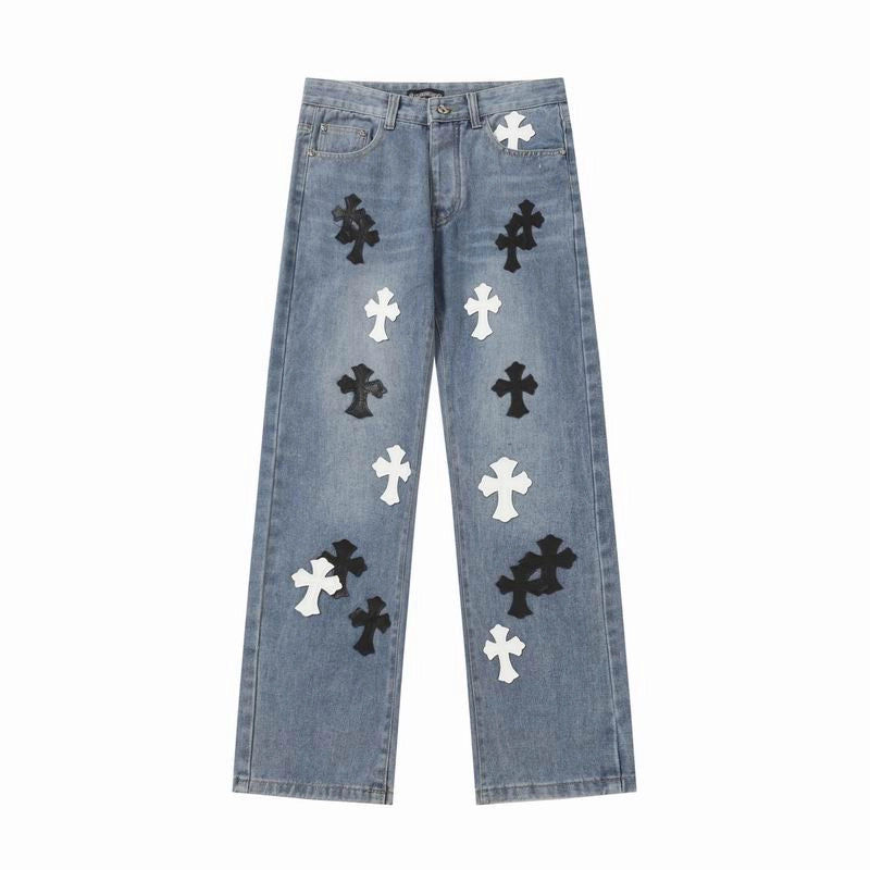Chrome Hearts Black and White Cross-patterned Jeans Blue – CHJ010