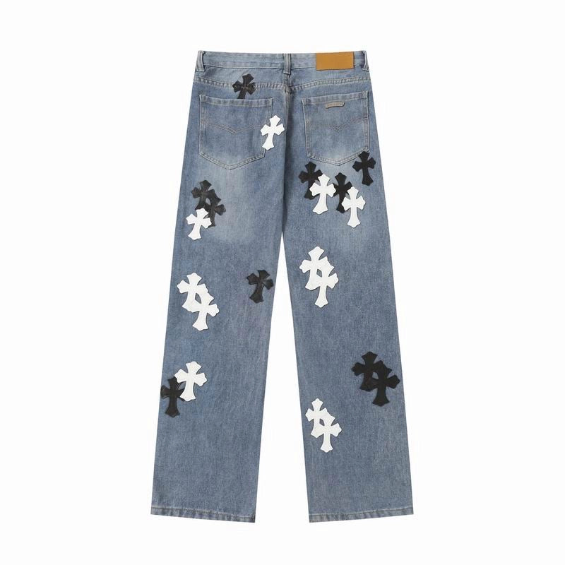Chrome Hearts Black and White Cross-patterned Jeans Blue – CHJ010