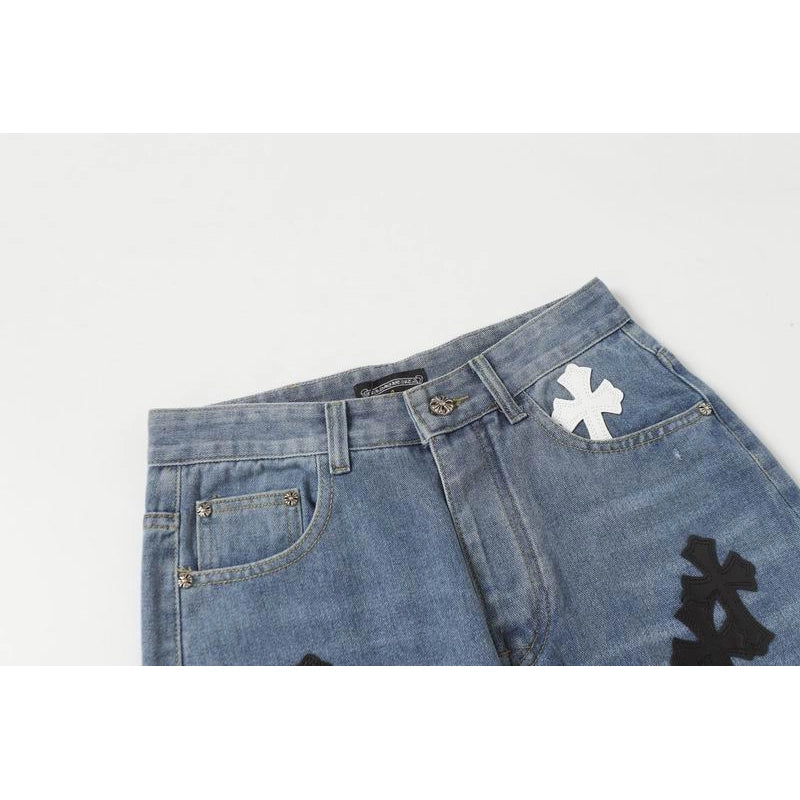Chrome Hearts Black and White Cross-patterned Jeans Blue – CHJ010
