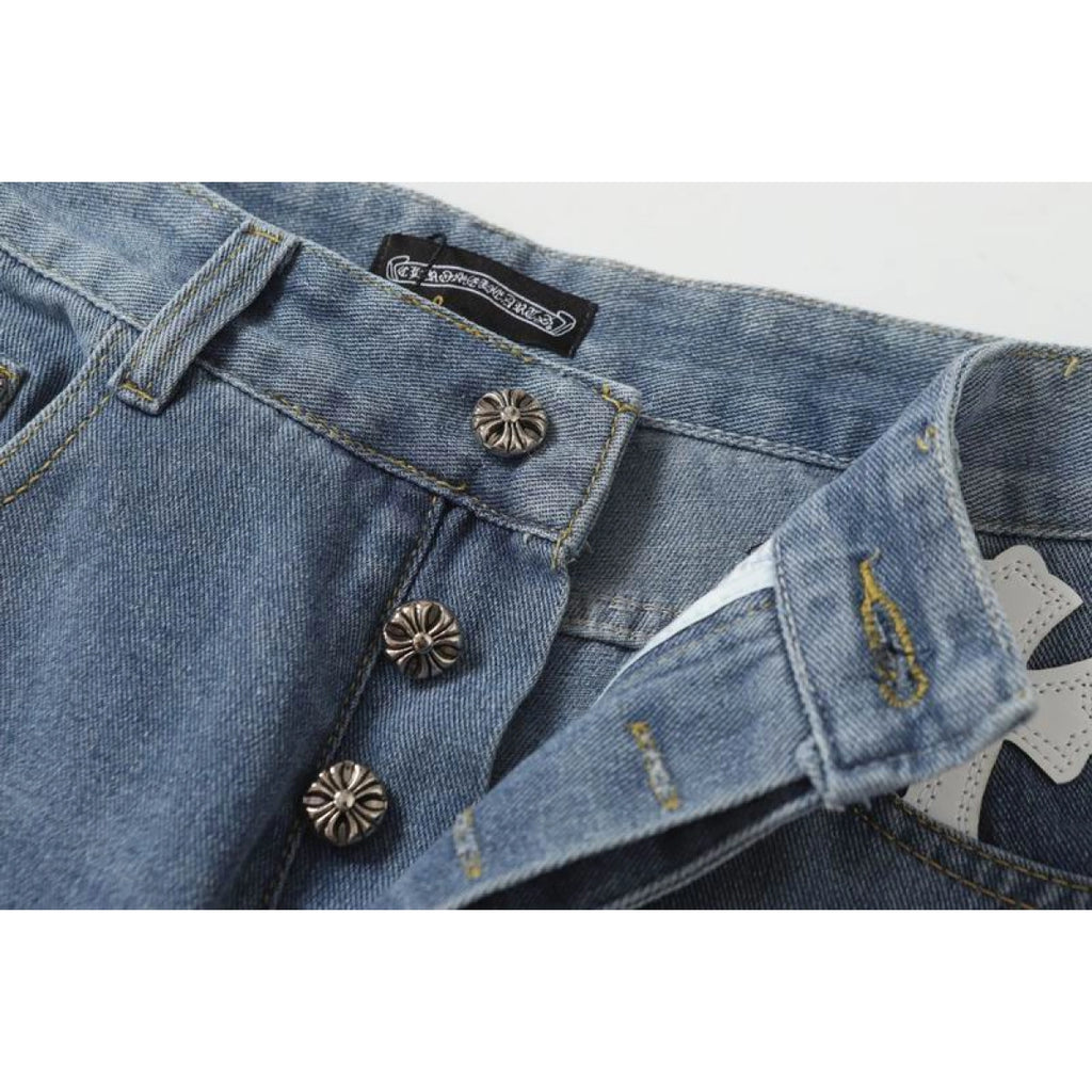 Chrome Hearts Black and White Cross-patterned Jeans Blue – CHJ010