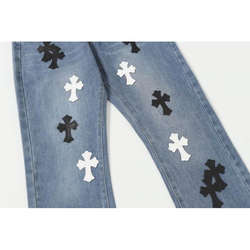 Chrome Hearts Black and White Cross-patterned Jeans Blue – CHJ010
