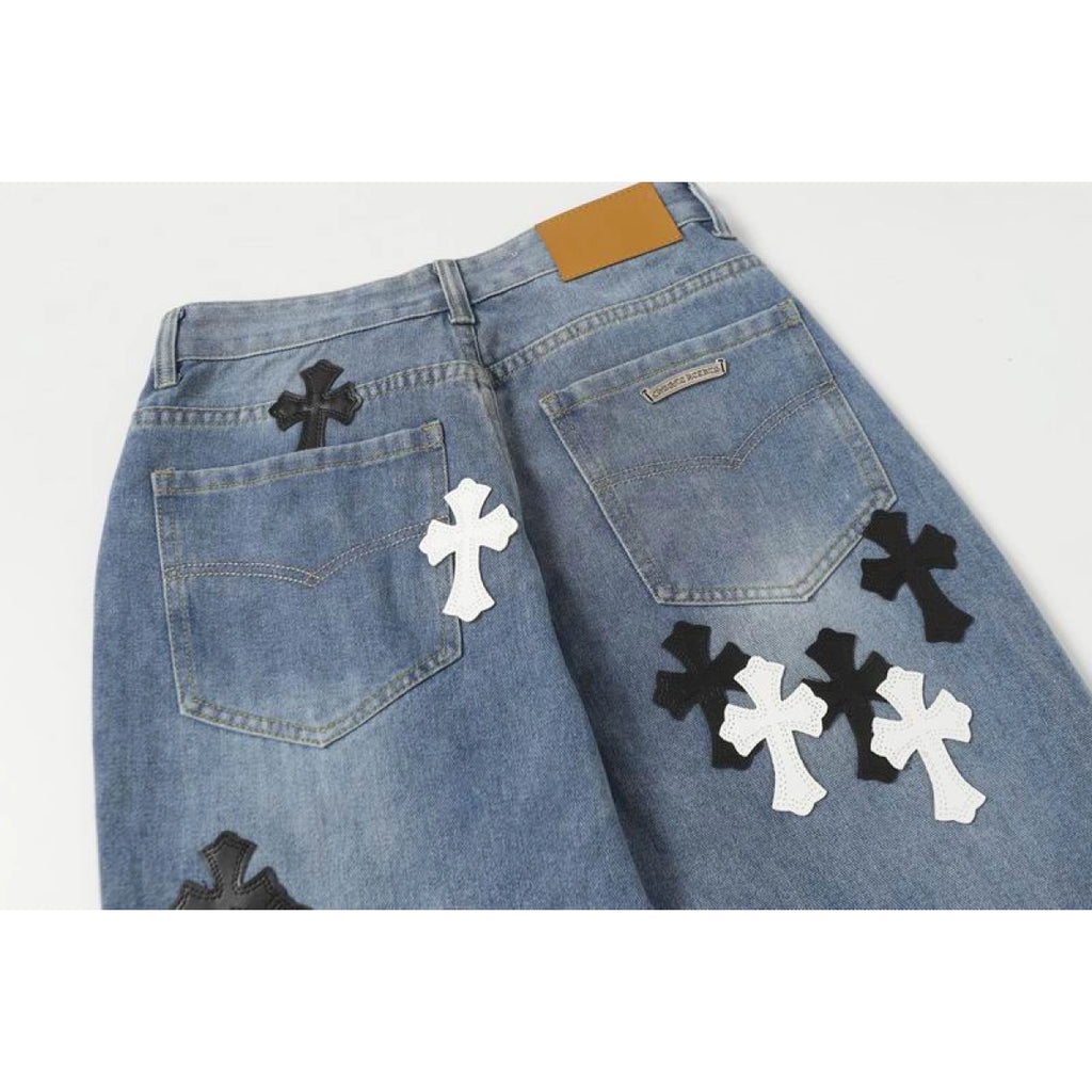 Chrome Hearts Black and White Cross-patterned Jeans Blue – CHJ010