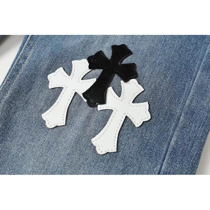 Chrome Hearts Black and White Cross-patterned Jeans with Sanskrit on the Back – CHJ016