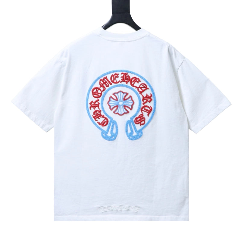 Chrome Hearts Blue-Trim Horseshoe Cross T-Shirt White – CHS104