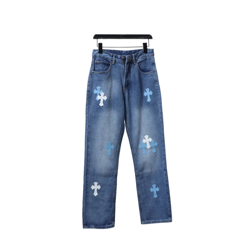 Chrome Hearts Blue and White Cross-patterned Jeans with Sanskrit on the Back – CHJ018