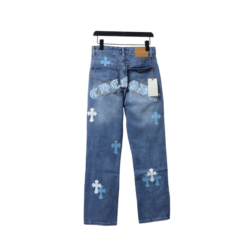 Chrome Hearts Blue and White Cross-patterned Jeans with Sanskrit on the Back – CHJ018
