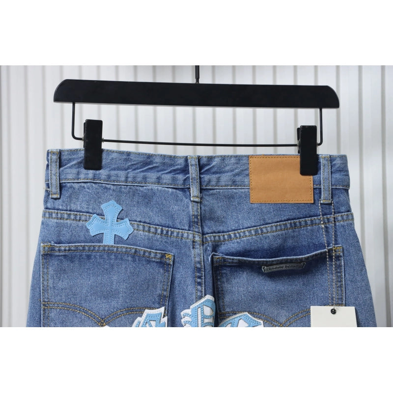 Chrome Hearts Blue and White Cross-patterned Jeans with Sanskrit on the Back – CHJ018