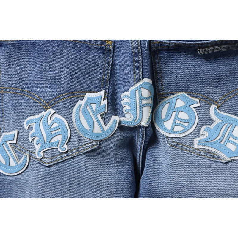 Chrome Hearts Blue and White Cross-patterned Jeans with Sanskrit on the Back – CHJ018