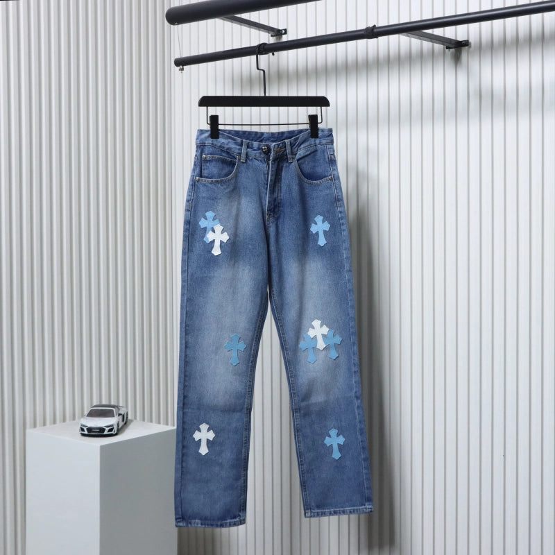 Chrome Hearts Blue and White Cross-patterned Jeans with Sanskrit on the Back – CHJ018