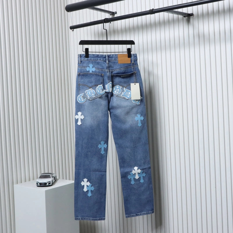Chrome Hearts Blue and White Cross-patterned Jeans with Sanskrit on the Back – CHJ018