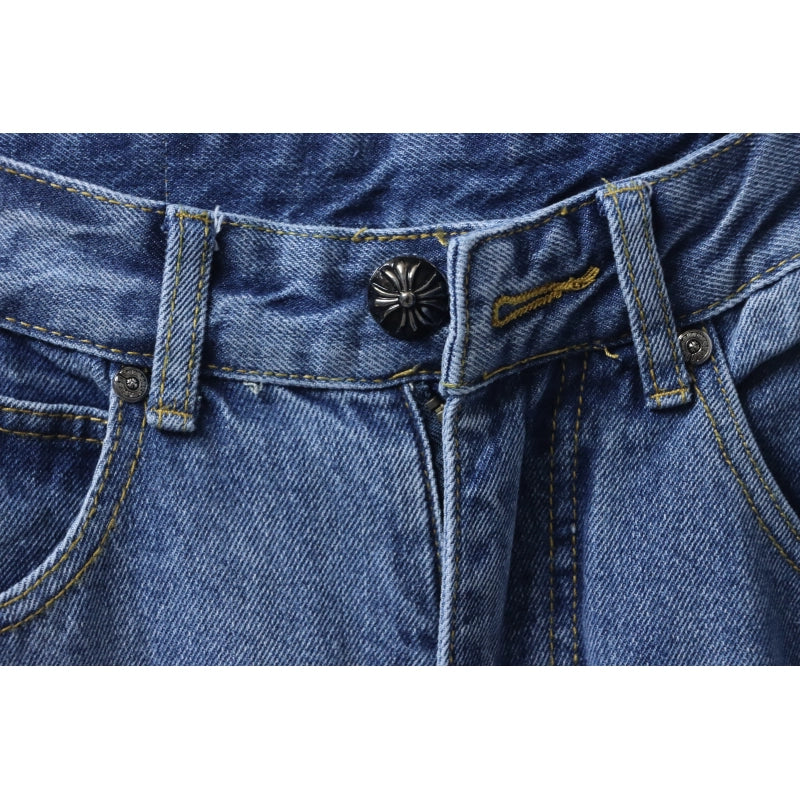 Chrome Hearts Blue and White Cross-patterned Jeans with Sanskrit on the Back – CHJ018