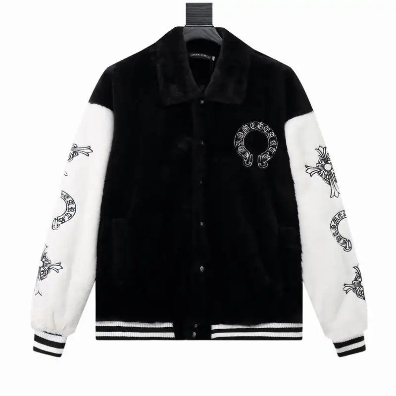 Chrome Hearts Cross Embroidered Letter Leather Sleeve Patchwork Baseball Jacket (Black and White) – CHC007