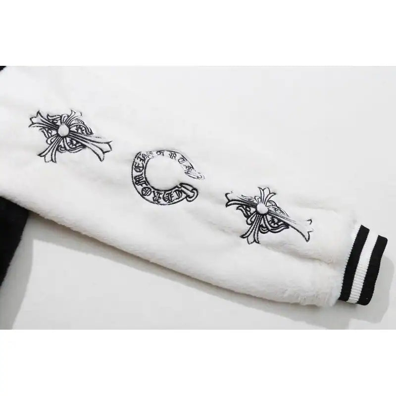 Chrome Hearts Cross Embroidered Letter Leather Sleeve Patchwork Baseball Jacket (Black and White) – CHC007