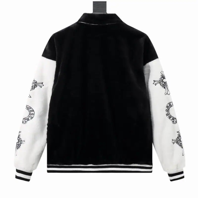 Chrome Hearts Cross Embroidered Letter Leather Sleeve Patchwork Baseball Jacket (Black and White) – CHC007