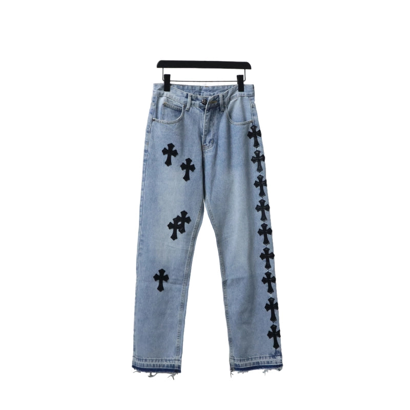 Chrome Hearts Cross Leather Straight Jeans Blue – CHJ013