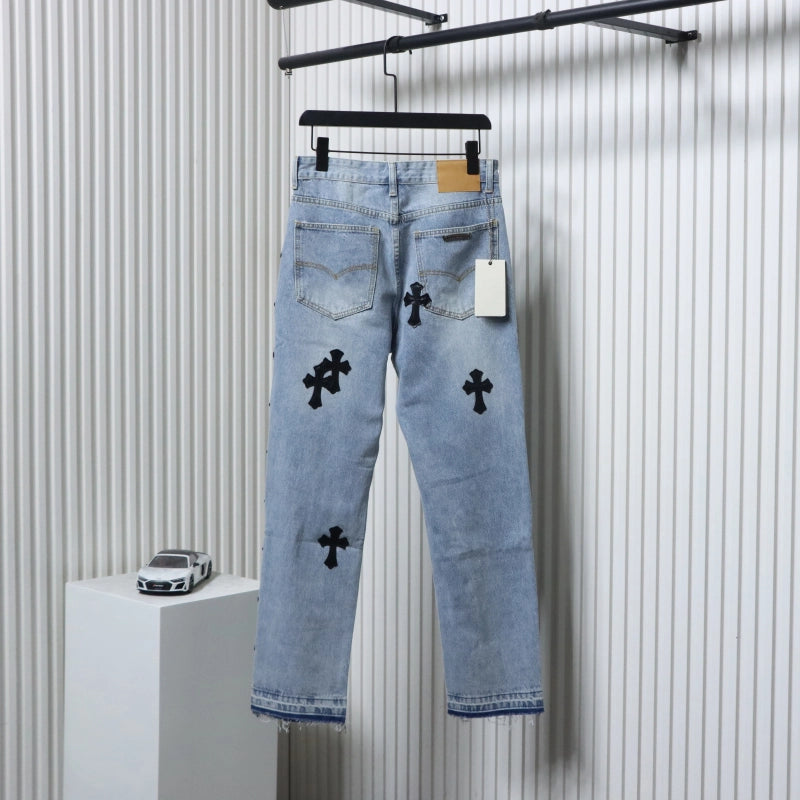 Chrome Hearts Cross Leather Straight Jeans Blue – CHJ013