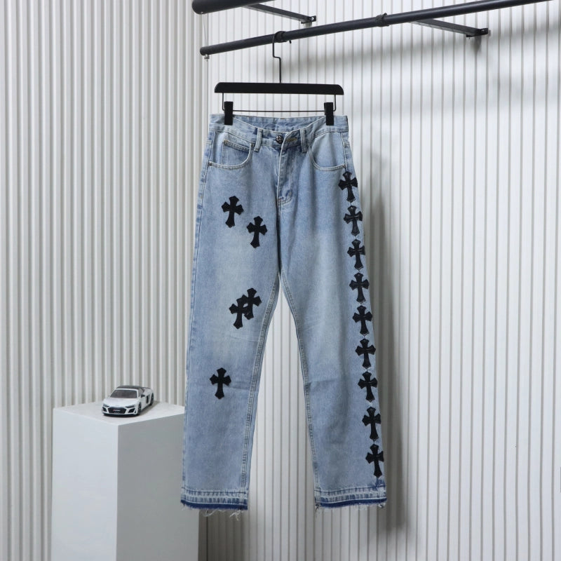 Chrome Hearts Cross Leather Straight Jeans Blue – CHJ013