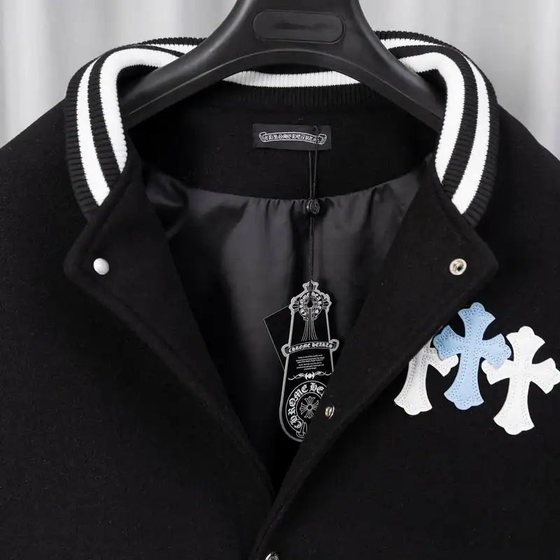 Chrome Hearts Embroidered Blue and White Cross Baseball Jacket (Black and White) – CHC005