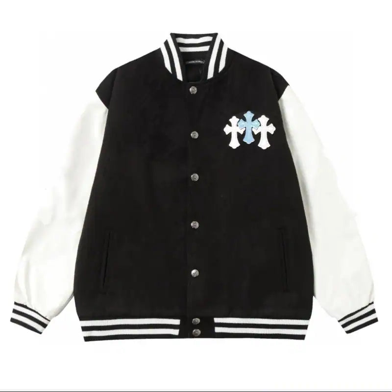 Chrome Hearts Embroidered Blue and White Cross Baseball Jacket (Black and White) – CHC005