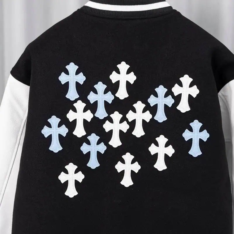 Chrome Hearts Embroidered Blue and White Cross Baseball Jacket (Black and White) – CHC005
