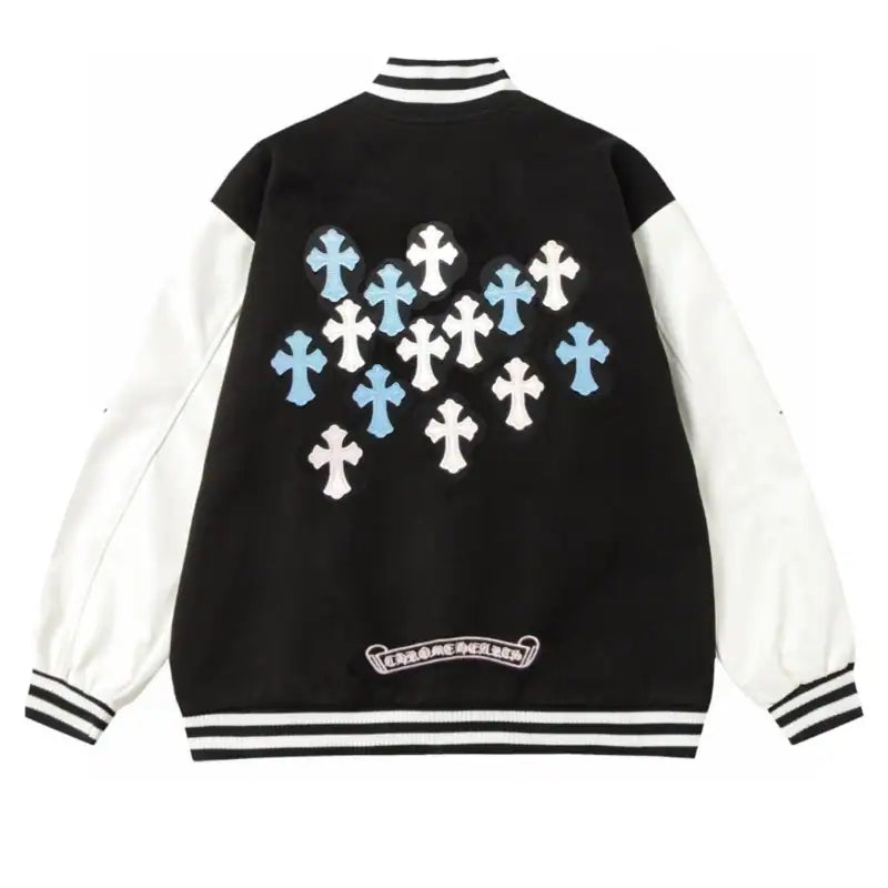 Chrome Hearts Embroidered Blue and White Cross Baseball Jacket (Black and White) – CHC005