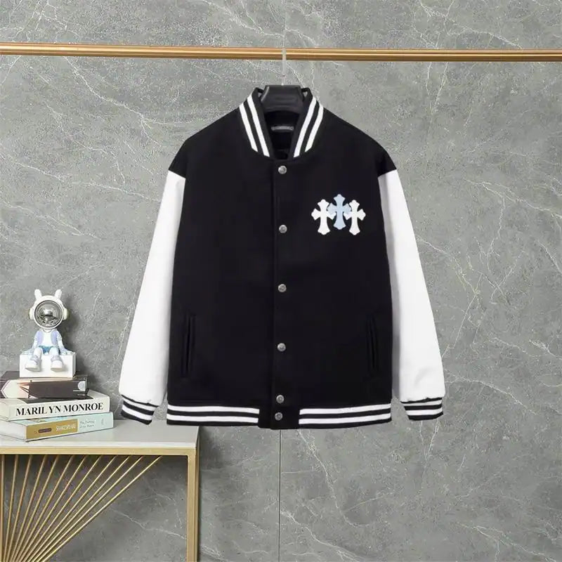 Chrome Hearts Embroidered Blue and White Cross Baseball Jacket (Black and White) – CHC005