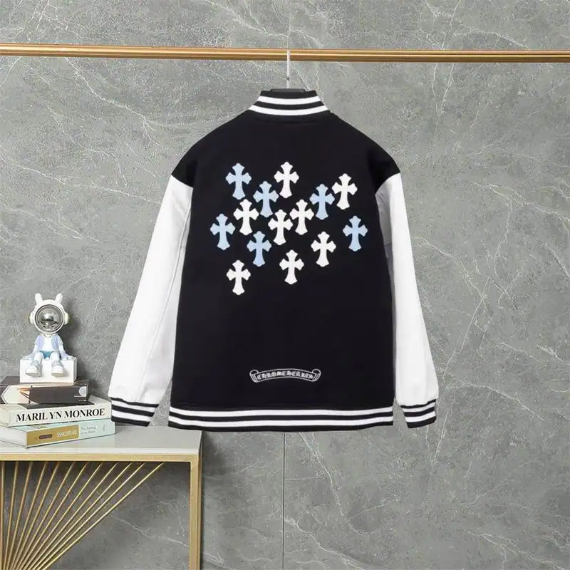 Chrome Hearts Embroidered Blue and White Cross Baseball Jacket (Black and White) – CHC005