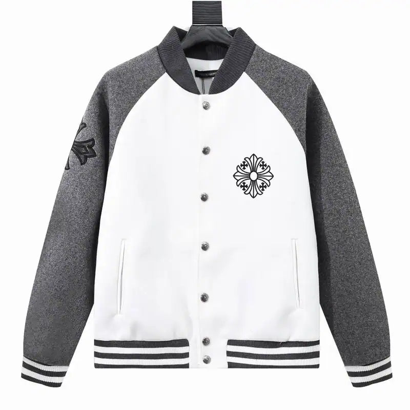 Chrome Hearts Embroidered Letter Wool Patchwork Baseball Jacket Gray and White – CHC002