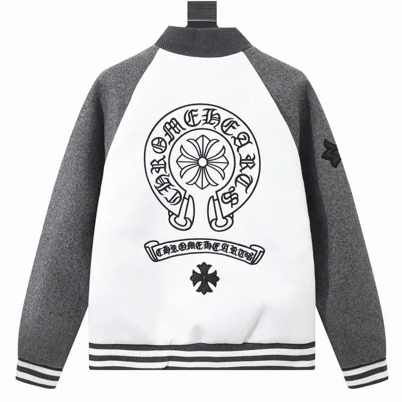 Chrome Hearts Embroidered Letter Wool Patchwork Baseball Jacket Gray and White – CHC002
