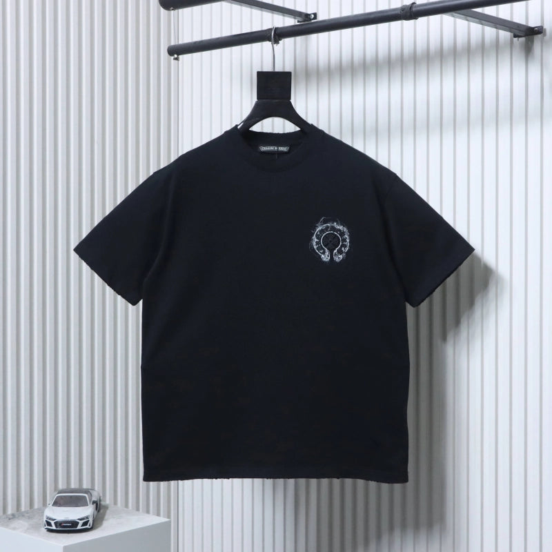 Chrome Hearts Horseshoe Embroidery Smoke-Effect Ink Splatter Washed & Distressed T-Shirt Black – CHS101