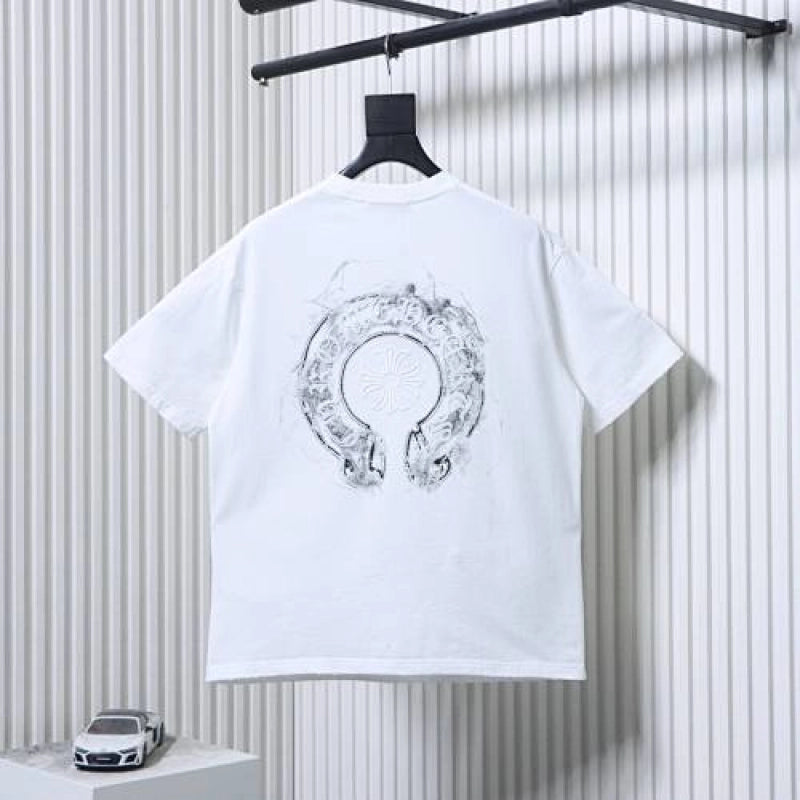 Chrome Hearts Horseshoe Embroidery Smoke-Effect Ink Splatter Washed & Distressed T-Shirt White – CHS102