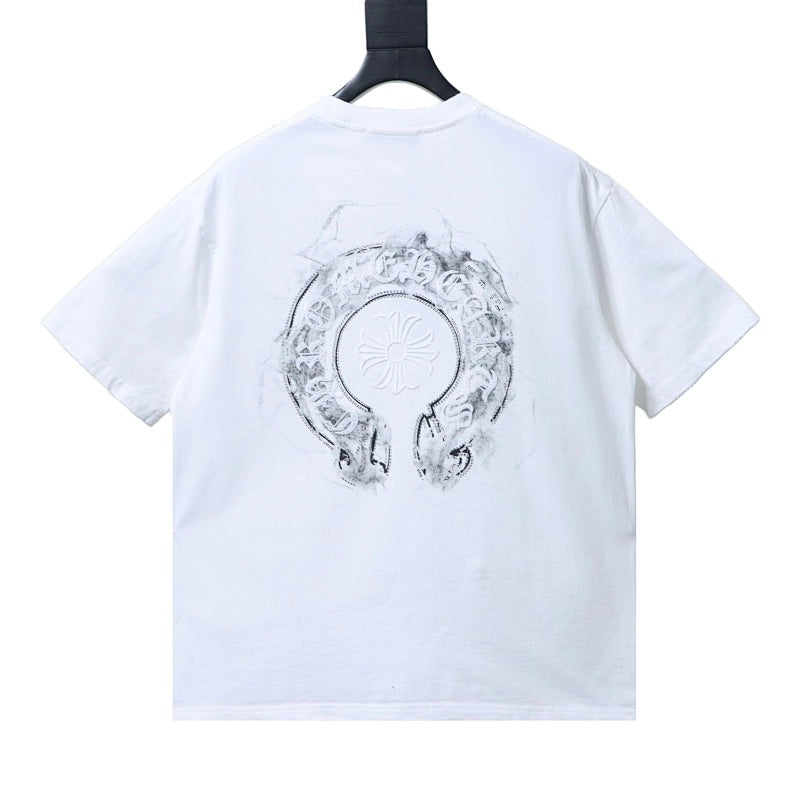 Chrome Hearts Horseshoe Embroidery Smoke-Effect Ink Splatter Washed & Distressed T-Shirt White – CHS102