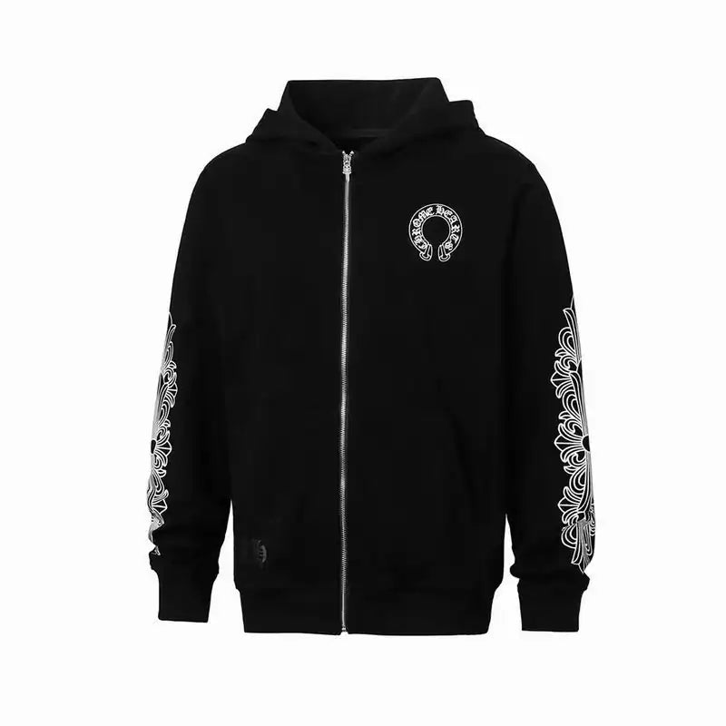 Chrome Hearts Horseshoe Floral Cross-Sleeve Zip Up Hoodie Black White – CHK003