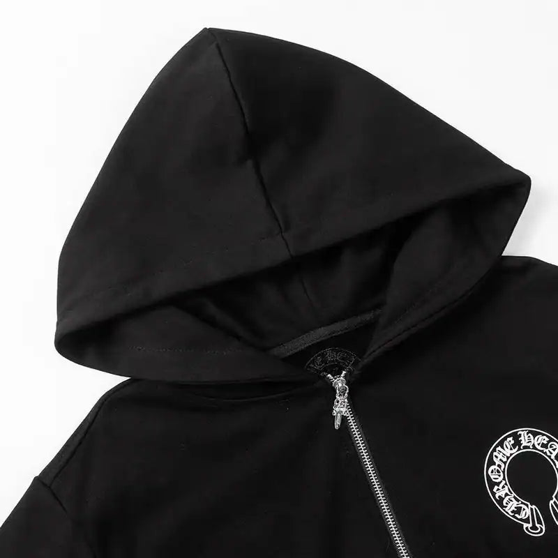 Chrome Hearts Horseshoe Floral Cross-Sleeve Zip Up Hoodie Black White – CHK003
