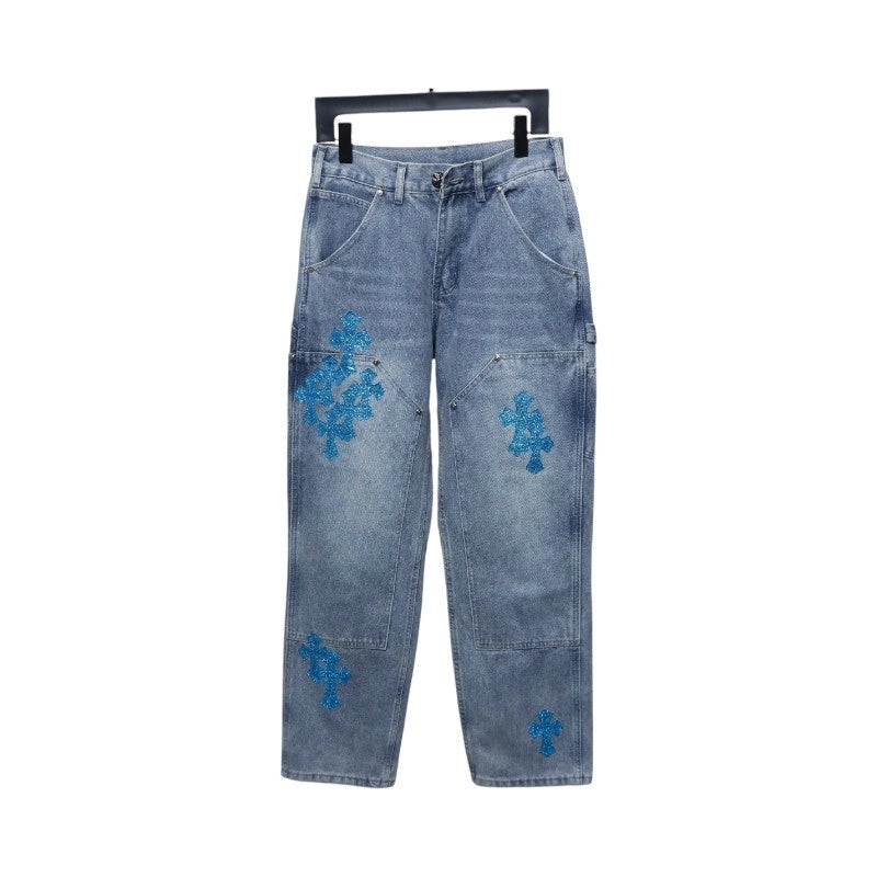 Chrome Hearts Multicolor Laser Cross Leather Jeans Dark Blue – CHJ032