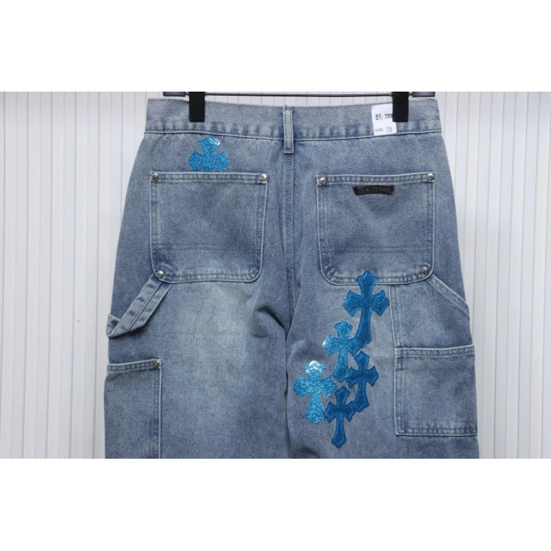 Chrome Hearts Multicolor Laser Cross Leather Jeans Dark Blue – CHJ032