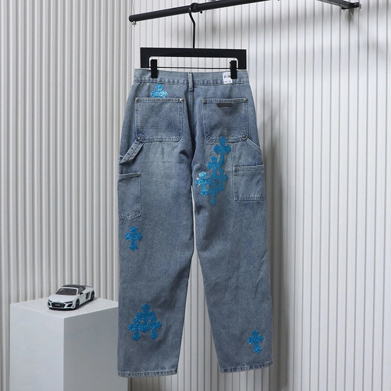 Chrome Hearts Multicolor Laser Cross Leather Jeans Dark Blue – CHJ032