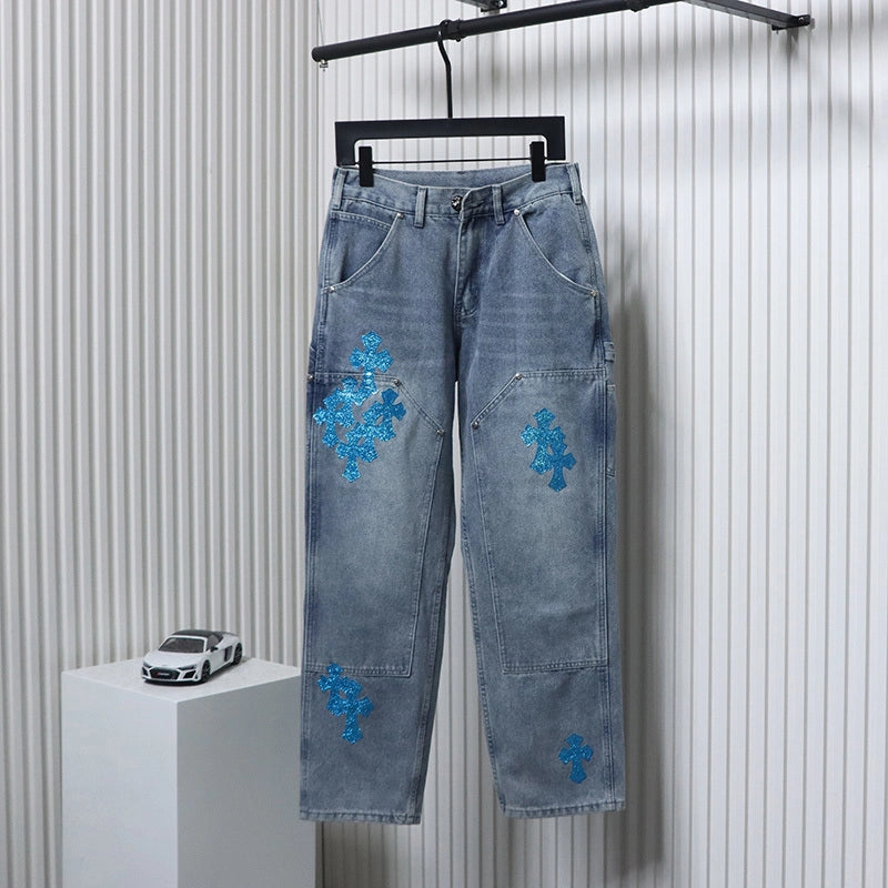 Chrome Hearts Multicolor Laser Cross Leather Jeans Dark Blue – CHJ032