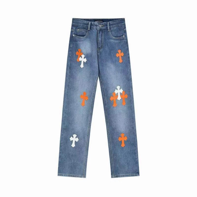 Chrome Hearts Orange and White Cross-patterned Jeans with Sanskrit on the Back – CHJ012