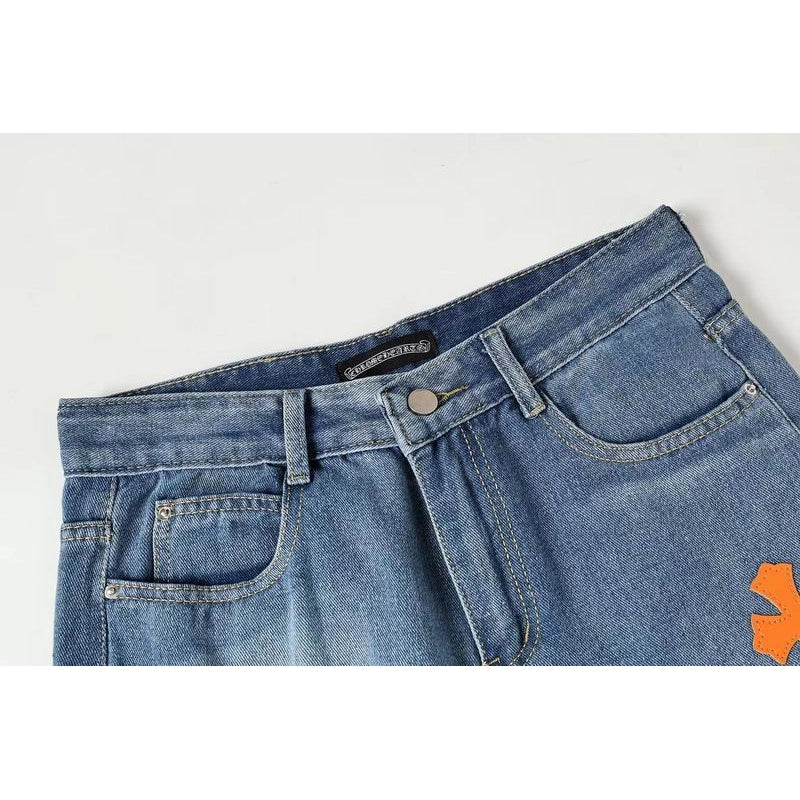 Chrome Hearts Orange and White Cross-patterned Jeans with Sanskrit on the Back – CHJ012
