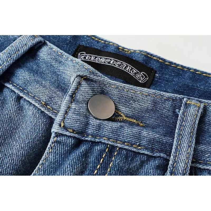 Chrome Hearts Orange and White Cross-patterned Jeans with Sanskrit on the Back – CHJ012