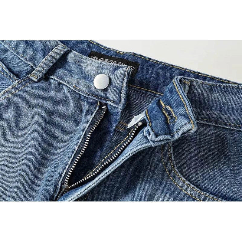 Chrome Hearts Orange and White Cross-patterned Jeans with Sanskrit on the Back – CHJ012