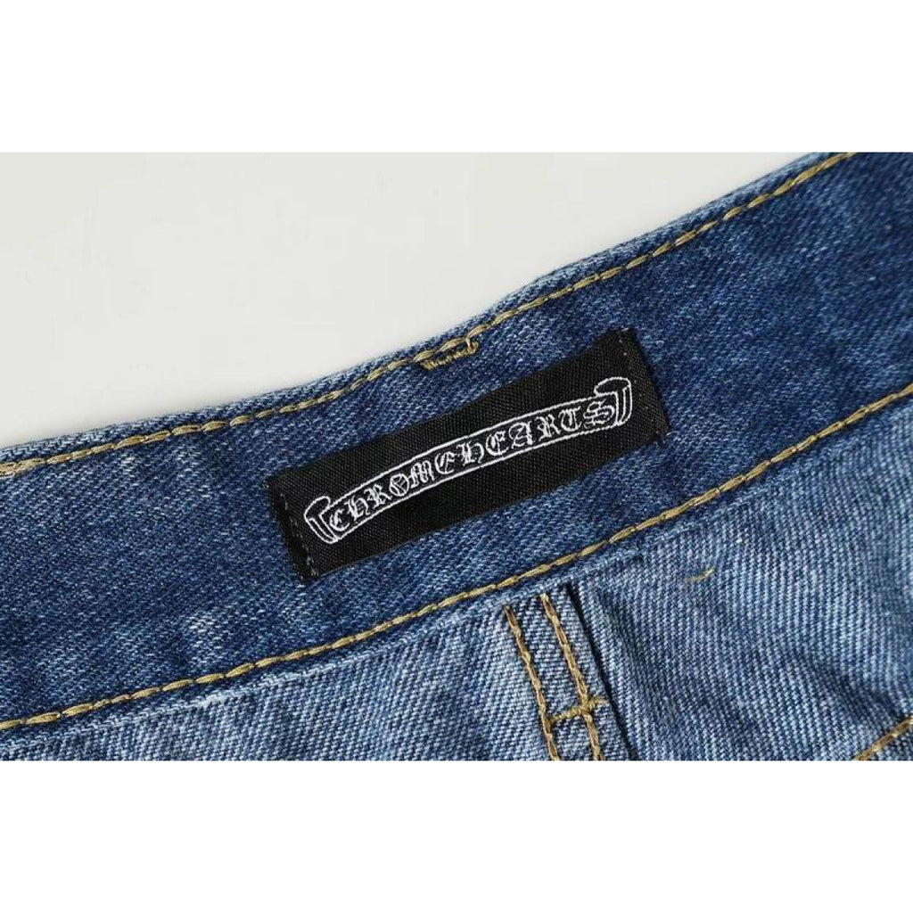 Chrome Hearts Orange and White Cross-patterned Jeans with Sanskrit on the Back – CHJ012