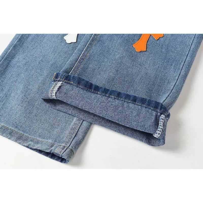 Chrome Hearts Orange and White Cross-patterned Jeans with Sanskrit on the Back – CHJ012