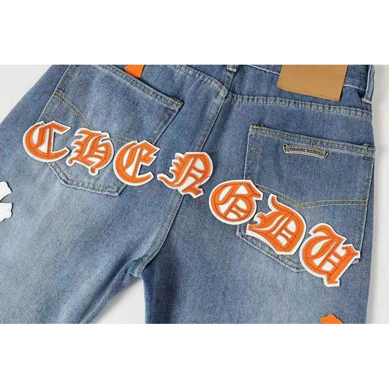 Chrome Hearts Orange and White Cross-patterned Jeans with Sanskrit on the Back – CHJ012