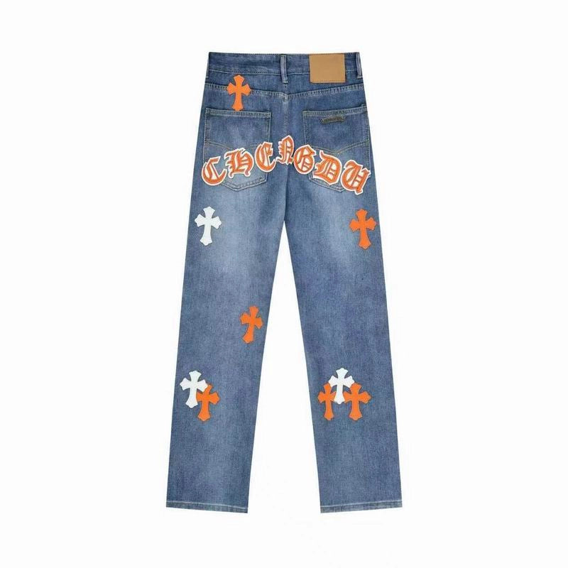 Chrome Hearts Orange and White Cross-patterned Jeans with Sanskrit on the Back – CHJ012