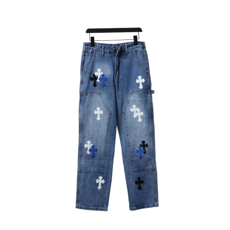 Chrome Hearts Ox King City Limited Edition Cross Metallic Leather Jeans Dark Blue – CHJ014